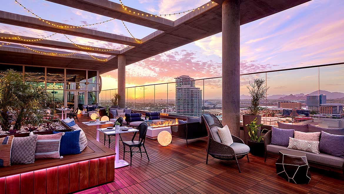 Rooftop patio at the Omni Tempe Hotel at ASU at sunset